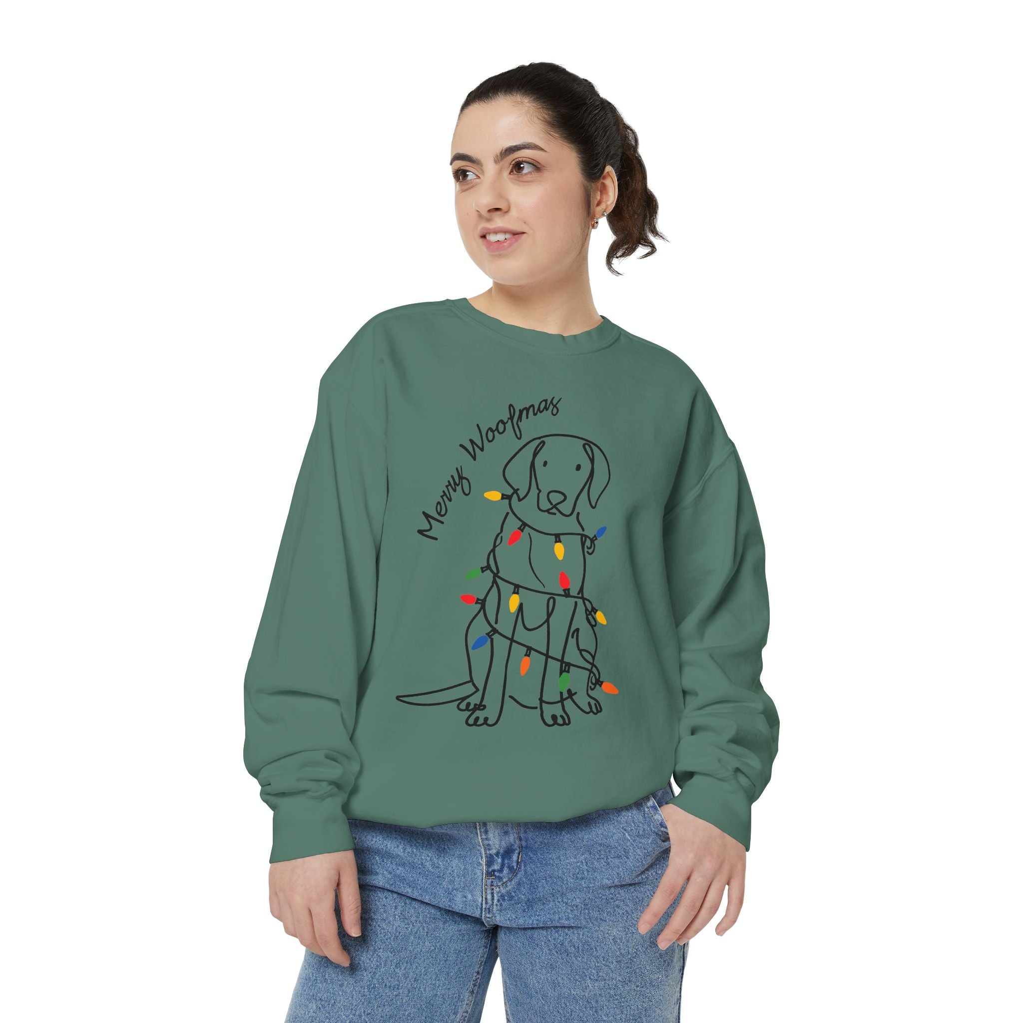 Merry Woofmas Dog Sweatshirt, Funny Christmas Puppy Crewneck, Holiday Lights Pet Lover Pullover, Cute Christmas Gift for Dog Mom or Dog Dad