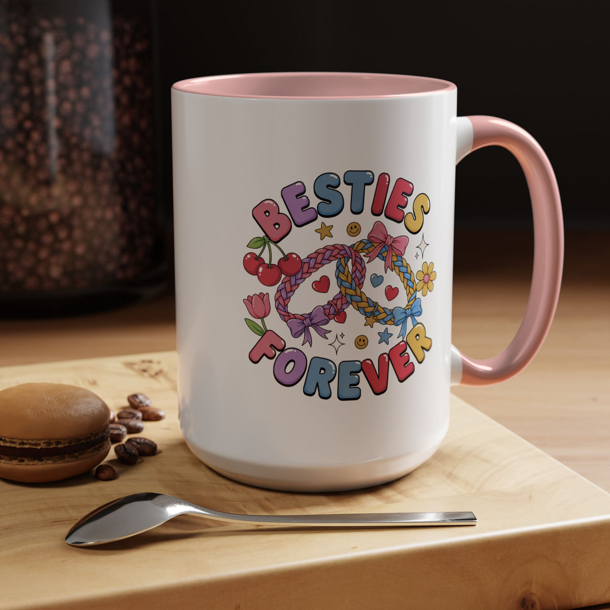 Best Friends Coffee Mug, Besties Forever Friendship Bracelet Design, Colorful Birthday Gift for a Best Friend or Long Distance Coffee Buddy