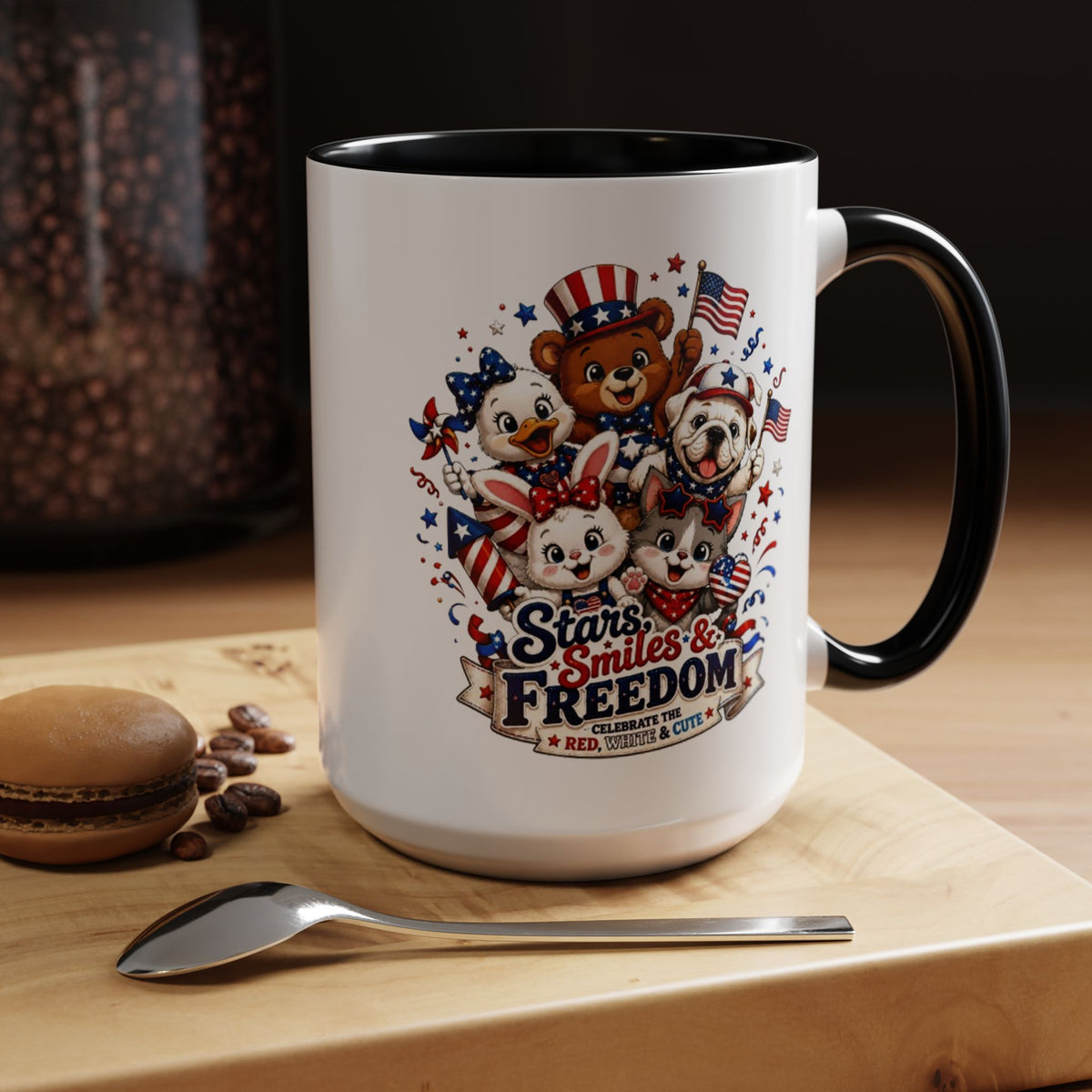 Cute Patriotic Animal Coffee Mug, Fourth of July Mug for Kids and Families, Stars Smiles and Freedom Cup, Independence Day Gift
