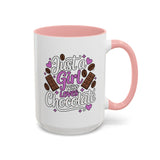 Chocolate Lover Coffee Mug, Just a Girl Who Loves Chocolate Quote, Purple Hearts and Cocoa Design, Sweet Birthday Gift for a Best Friend