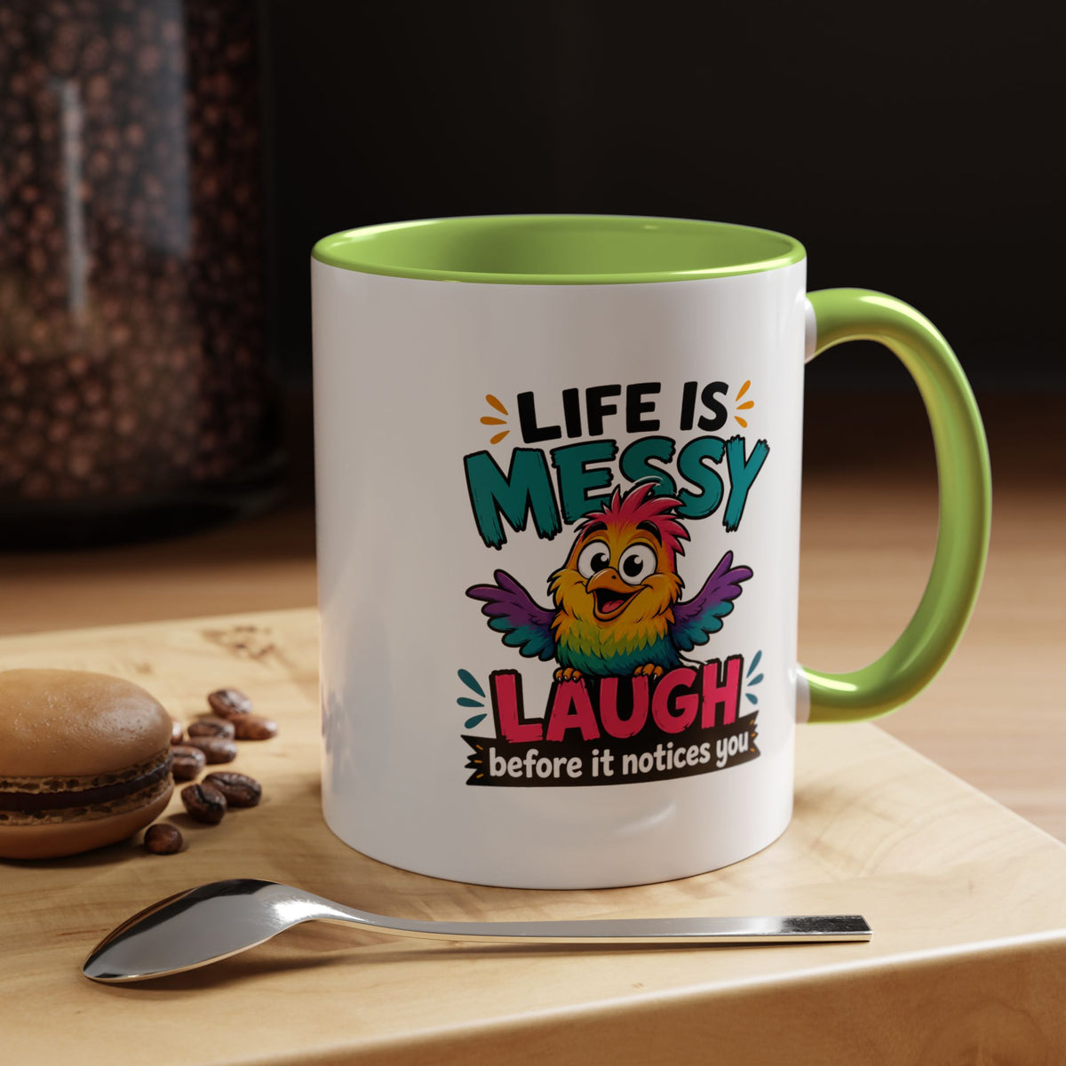 Funny Life Is Messy Mug, Colorful Bird Coffee Cup, Humorous Gift for Friend, Coworker Birthday Present, Cheerful Office Desk Drinkware