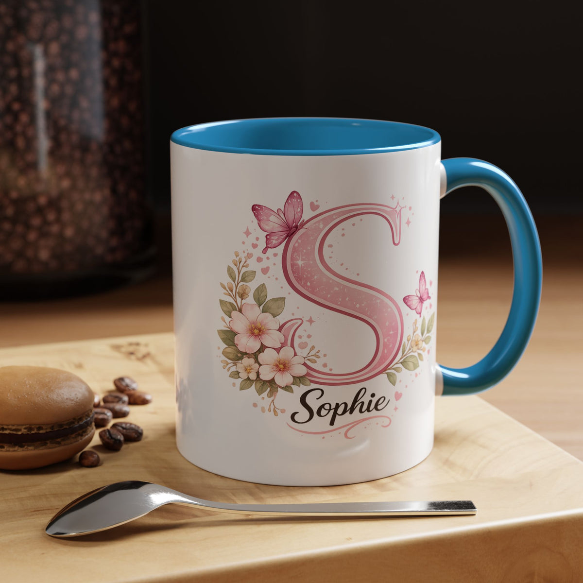 Personalized Butterfly Initial Mug, Custom Name Coffee Mug for Girls and Women, Pink Floral Monogram Cup, Birthday Gift, Custom Letter Mug