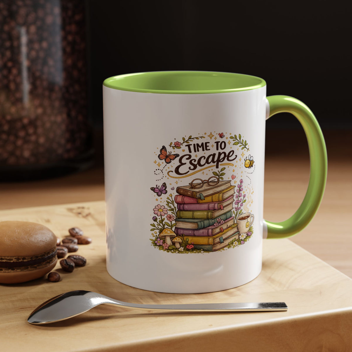 Book Lover Coffee Mug, Time to Escape Black Accent Cup with Books and Tea, Unique Cozy Gift for Reader, Librarian, Teacher or Bookworm