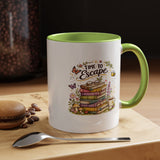 Book Lover Coffee Mug, Time to Escape Black Accent Cup with Books and Tea, Unique Cozy Gift for Reader, Librarian, Teacher or Bookworm