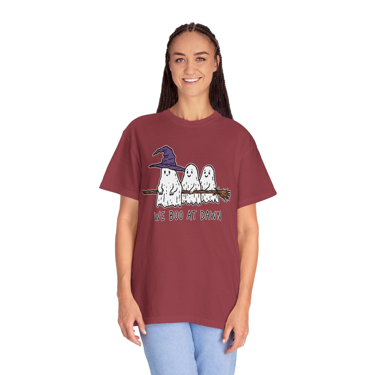 We Boo at Dawn Ghost Shirt, Funny Halloween Witch Broom Graphic Tee, Cute Spooky Season Gift for Friends and Ghost Lovers, October Outfit
