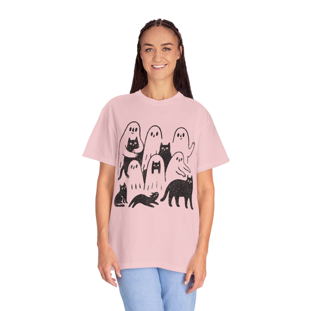 Ghost Cat Halloween Shirt, Cute Spooky Cats and Ghosts Graphic Tee, Cozy Pet Lover Gift, Minimal Black and White Fall Outfit for Women