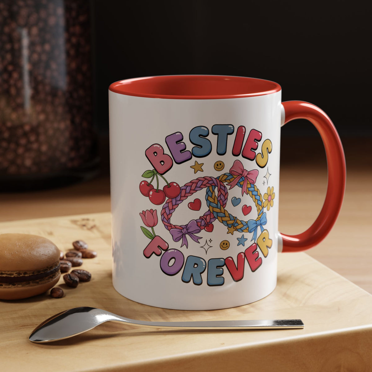 Best Friends Coffee Mug, Besties Forever Friendship Bracelet Design, Colorful Birthday Gift for a Best Friend or Long Distance Coffee Buddy