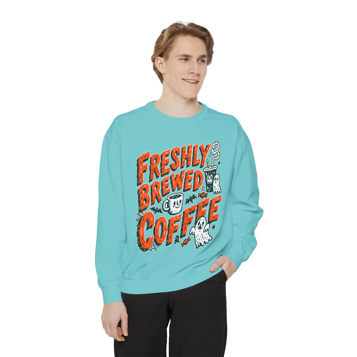 Coffee Lover Halloween Sweatshirt, Freshly Brewed Coffee Ghost Pullover, Cute Spooky Season Gift for Barista and Caffeine Fan, Gift for Her