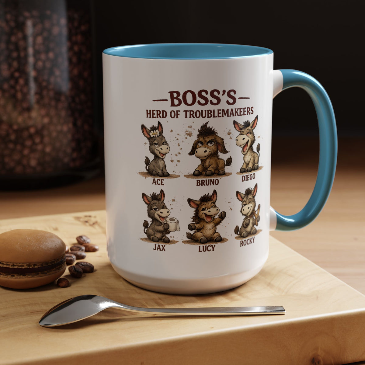 Boss's Guide to Troubleshooting Coffee Mug, Funny Office Joke Gift for Coworkers, Sarcastic Donkey Jackass Ceramic Tea Cup with Dark Blue Handle