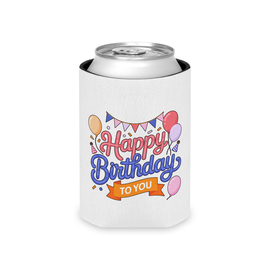 A white can cooler on a drink can, printed with "Happy Birthday" in pink and blue script under party bunting, with balloons, party hats and an orange "TO YOU" banner.