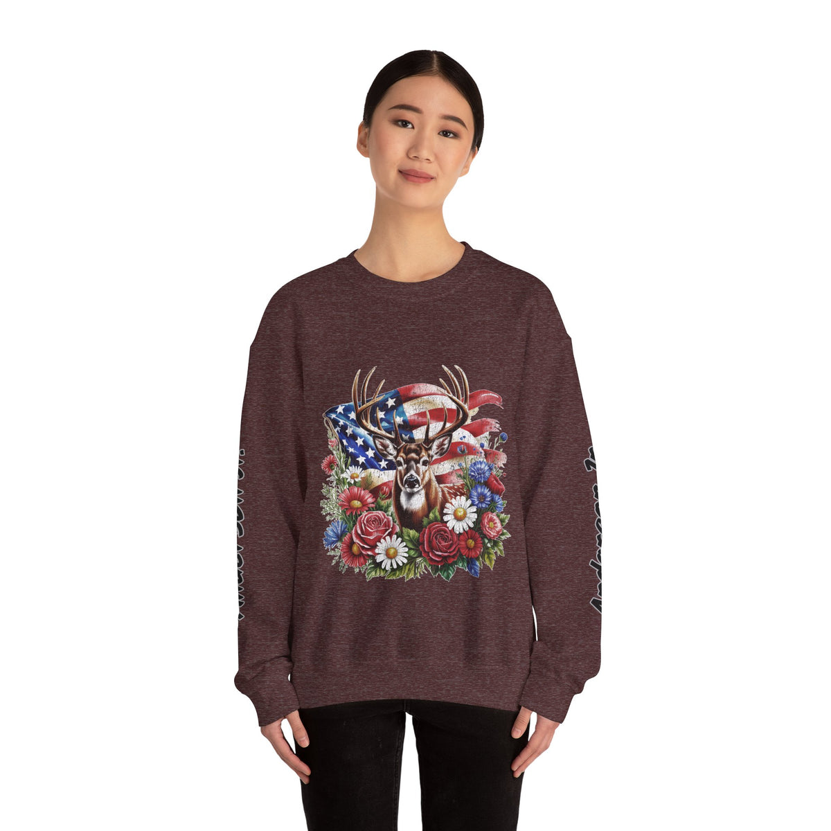 Personalized Hunting Family Sweatshirt, Custom Deer Patriotic Pullover, American Flag Floral Crewneck, Family Gift, Outdoorsman Shirt