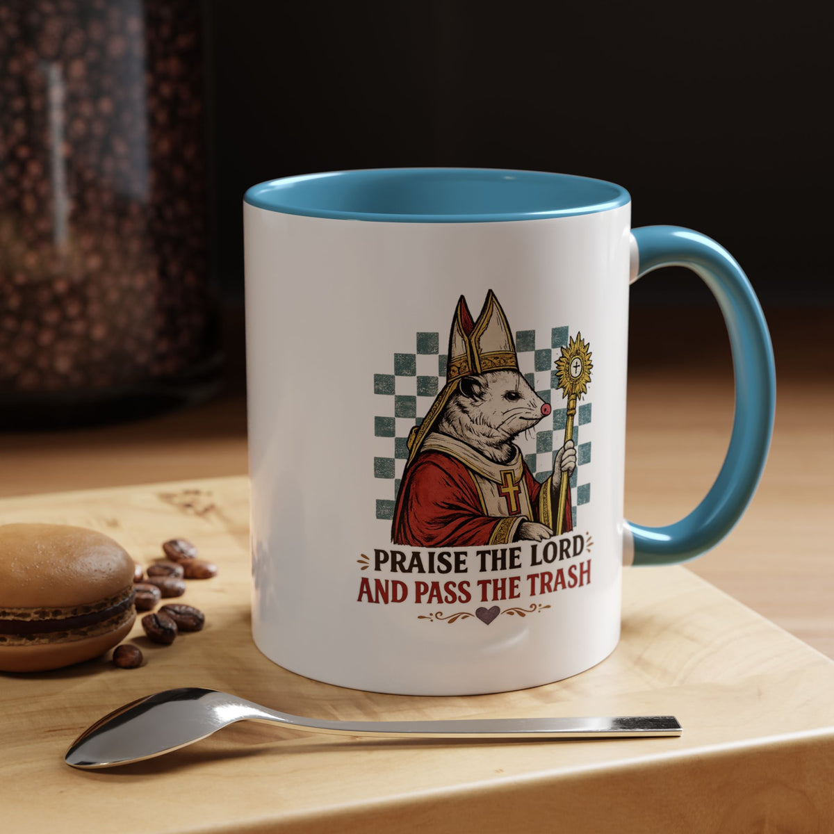 Praise the Lord and Pass the Trash Coffee Mug, Funny Opossum Pope Gift for Friends, Sarcastic Christian Possum Ceramic Tea Cup with Black Handle