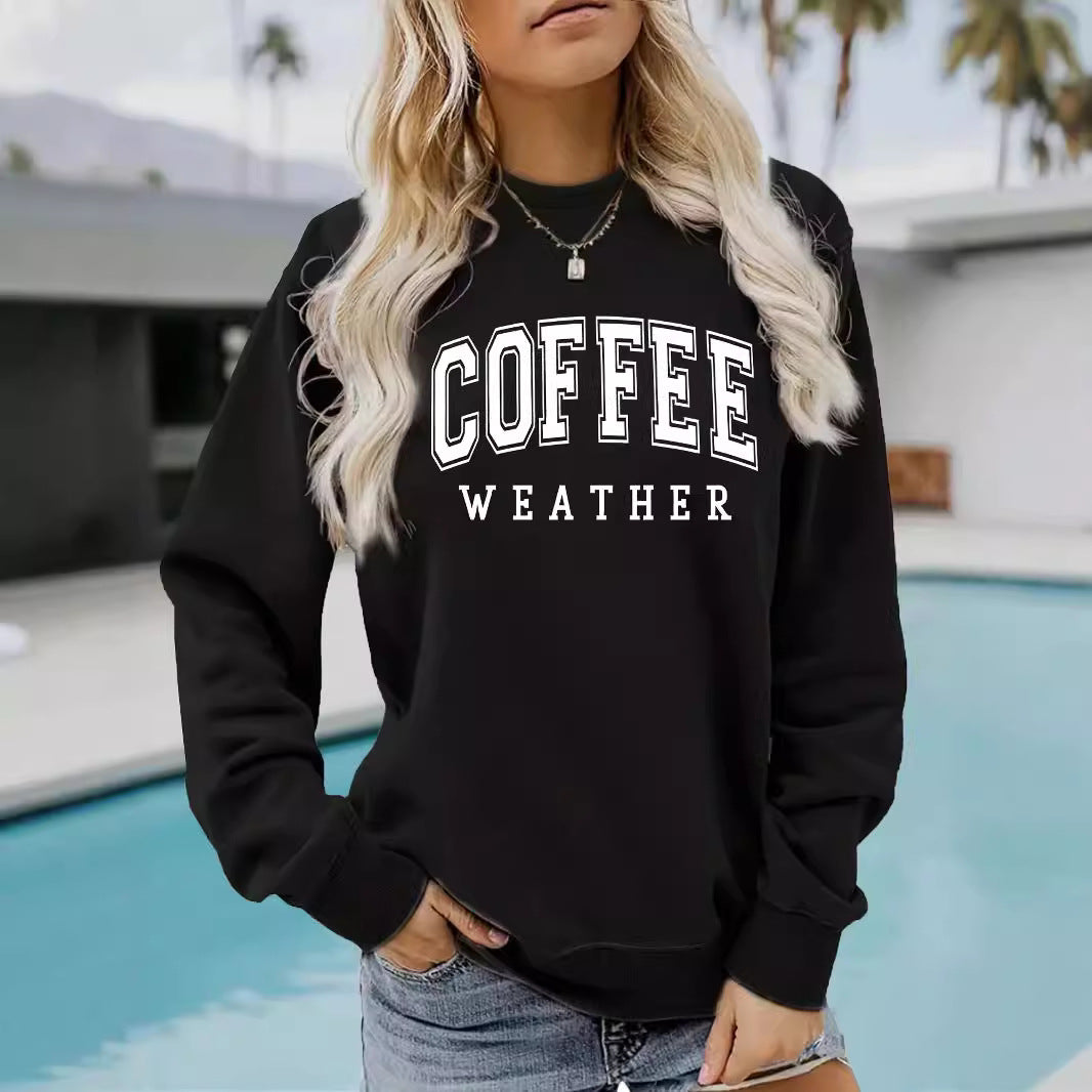 Round neck COFFEE printed pullover sweatshirt sweatshirt