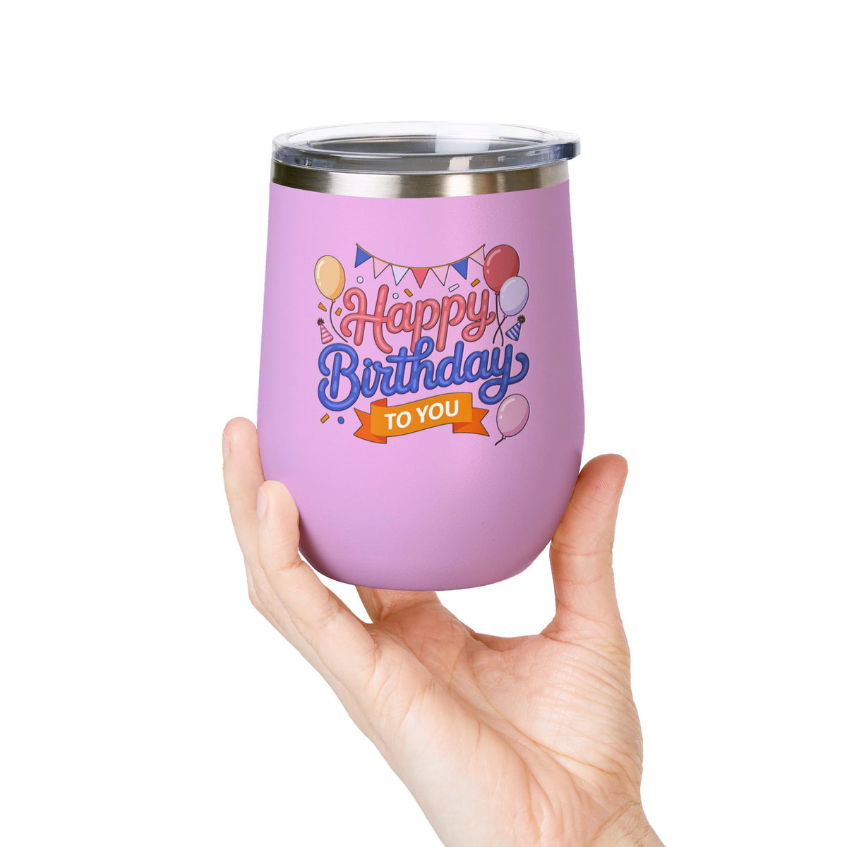 Happy Birthday to You Wine Tumbler, Pink and Blue Balloons with Party Bunting, Colorful Drinkware Gift for a Sister or Best Friend's Party