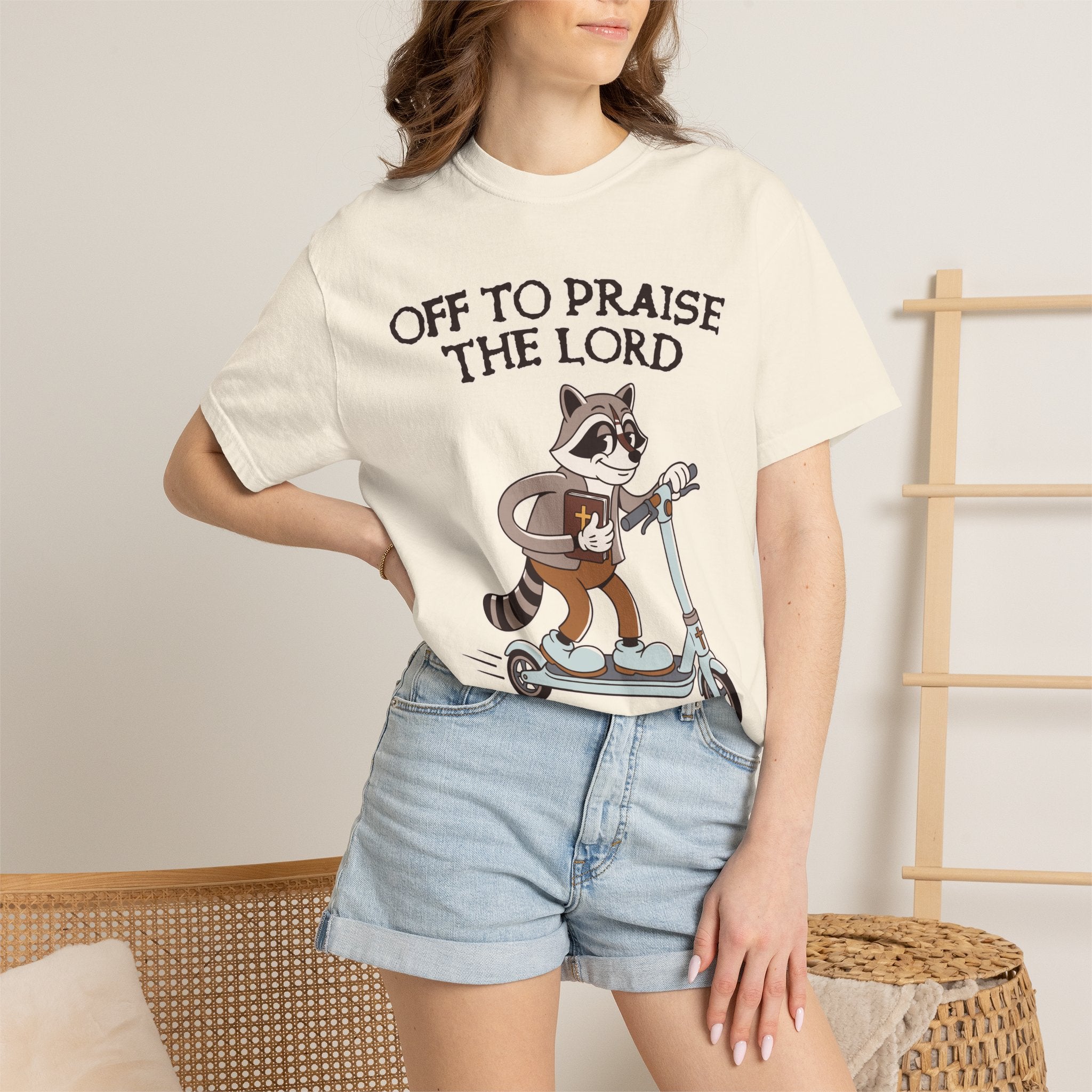 Funny Christian Comfort Colors Shirt, Off to Praise the Lord Raccoon Tee, Cute Faith Based Graphic Tee, Trendy Christian Shirt for Women