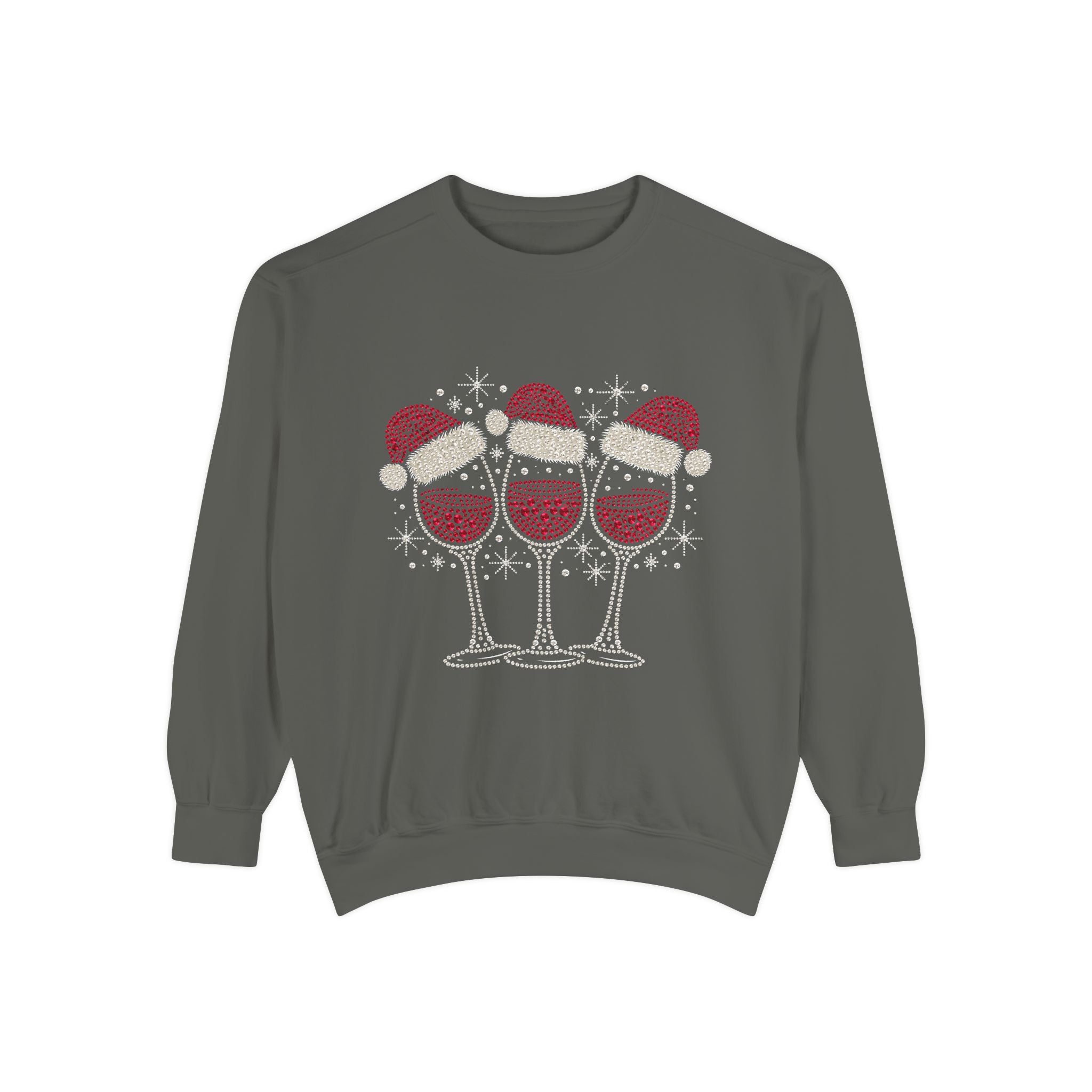 Christmas Wine Glass Sweatshirt, Rhinestone Style Santa Hat Crewneck, Sparkly Holiday Party Pullover, Wine Lover Gift for Girls Night