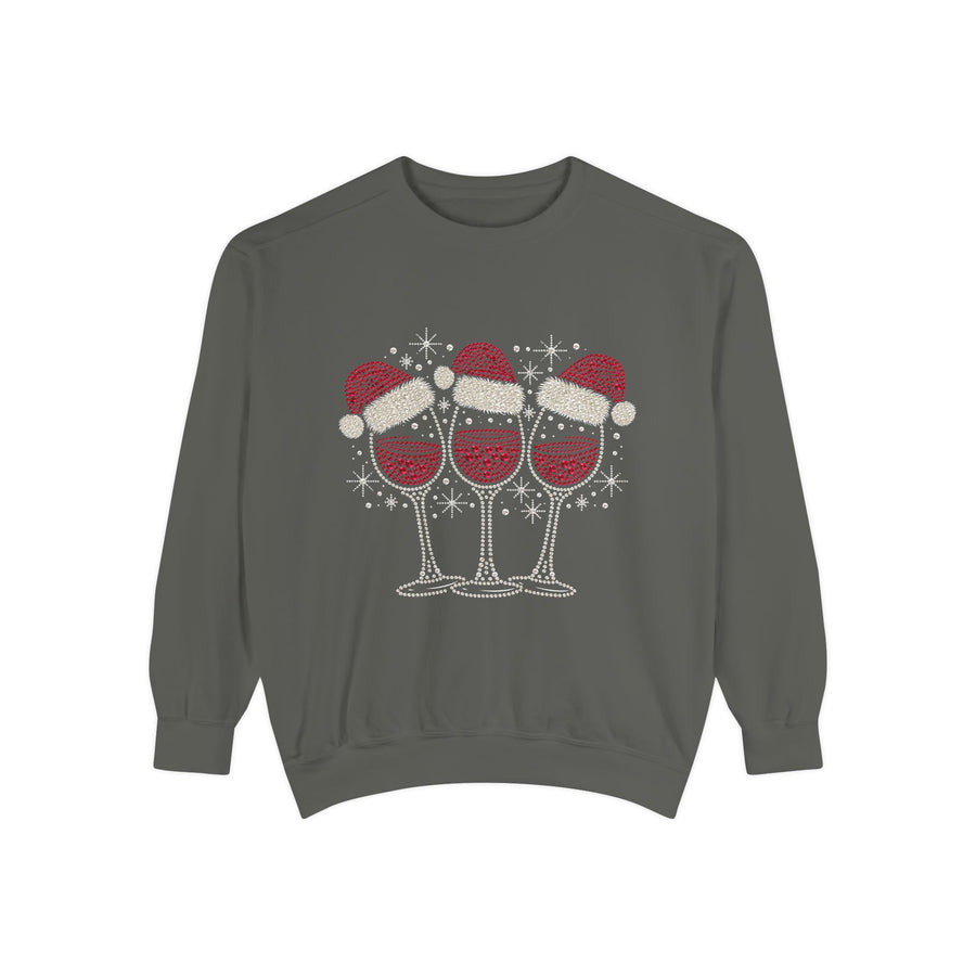 Christmas Wine Glass Sweatshirt, Rhinestone Style Santa Hat Crewneck, Sparkly Holiday Party Pullover, Wine Lover Gift for Girls Night
