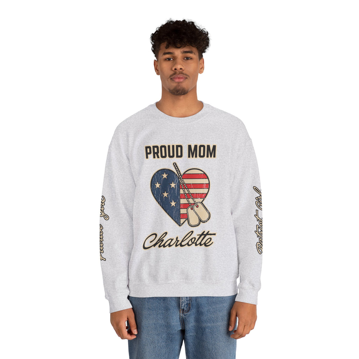 Personalized Proud Mom Sweatshirt, Custom Military Mom Pullover, American Flag Heart Crewneck, Military Mom Gift, Patriotic Mother Shirt