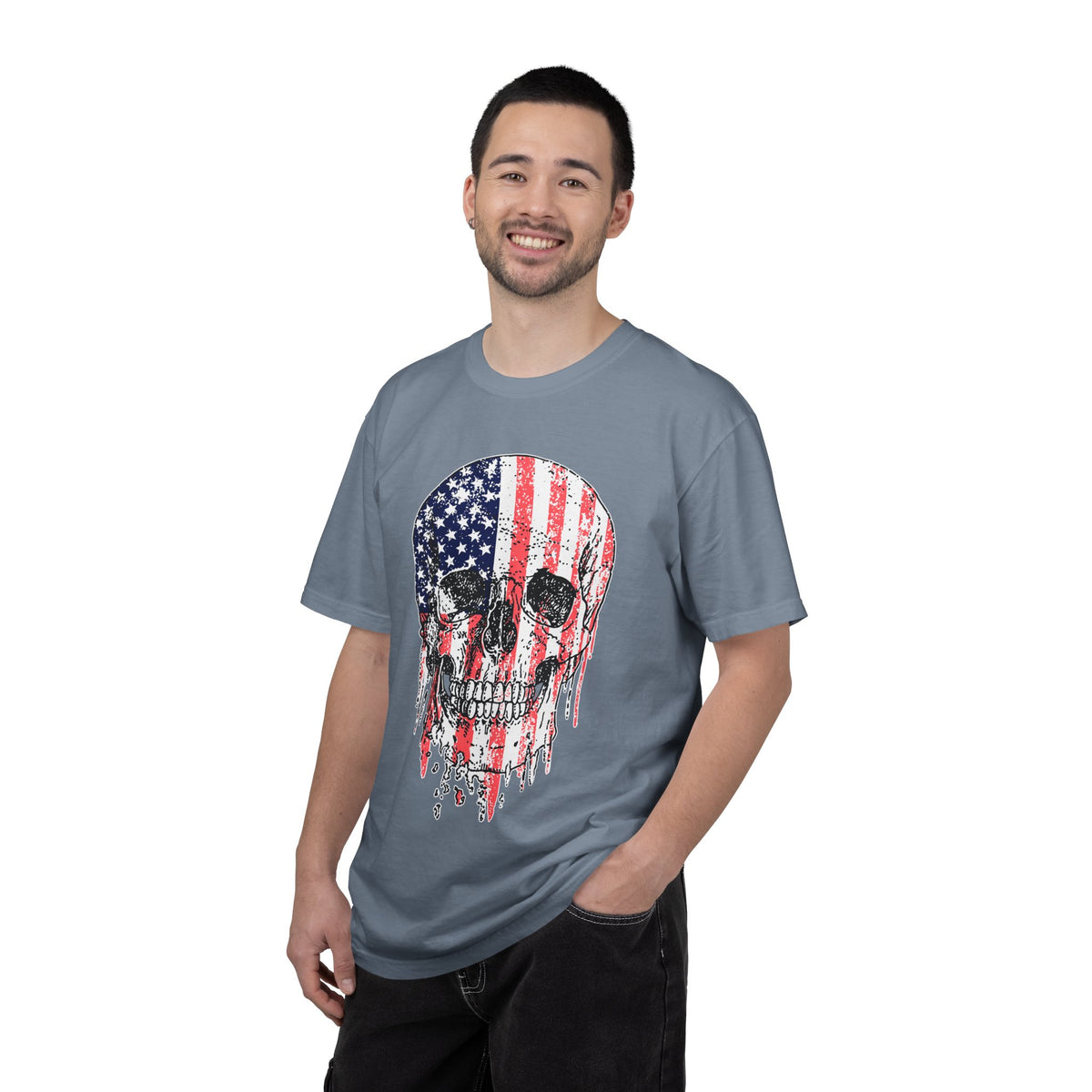 American Flag Skull Shirt, Distressed Patriotic Graphic for Biker Outfits, Fourth of July Style, Birthday Gift for Skull Art Lovers