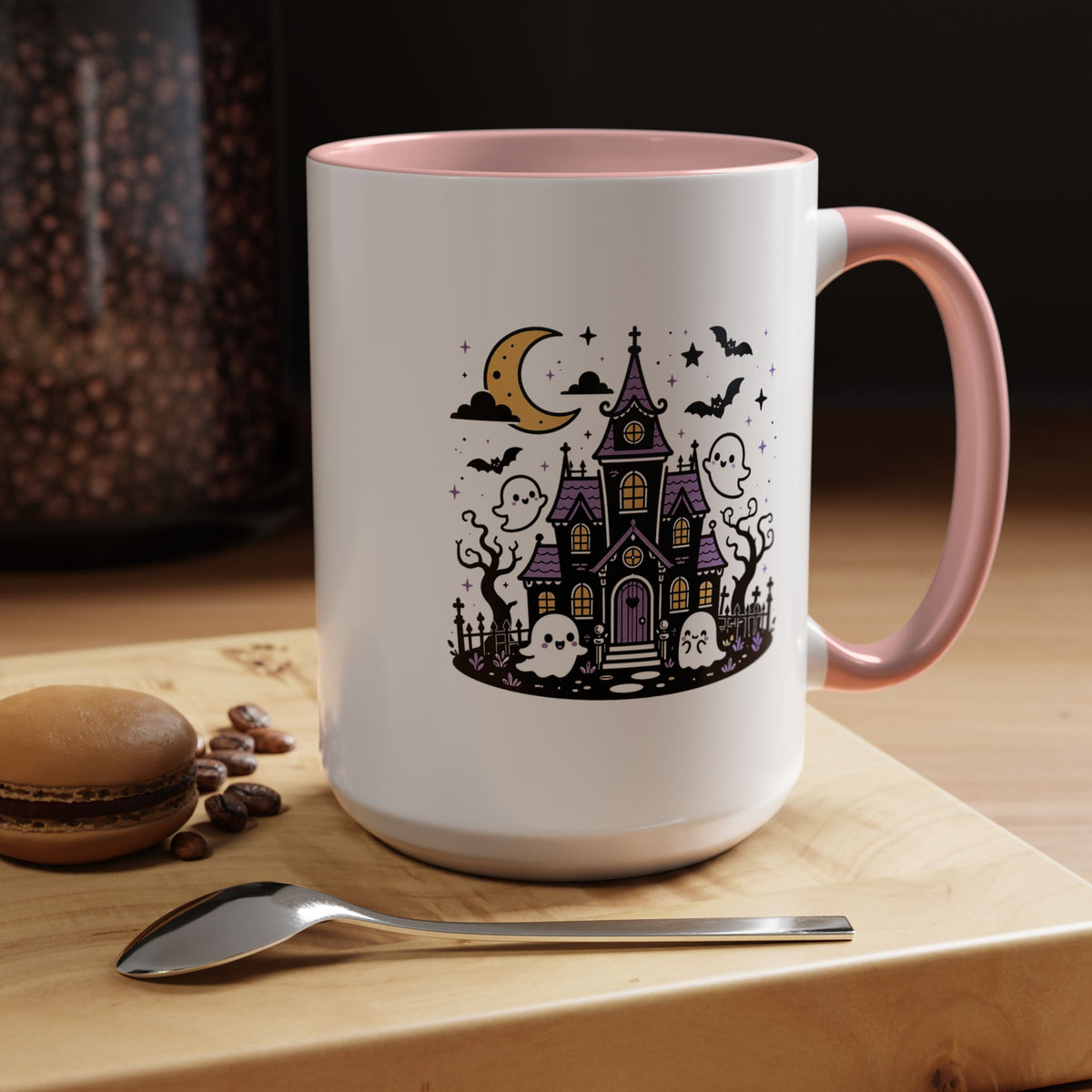 Cute Haunted House Mug, Kawaii Ghost Halloween Coffee Cup, Spooky Season Gift for Her, Purple Witchy Decor, Cozy Fall Birthday Present