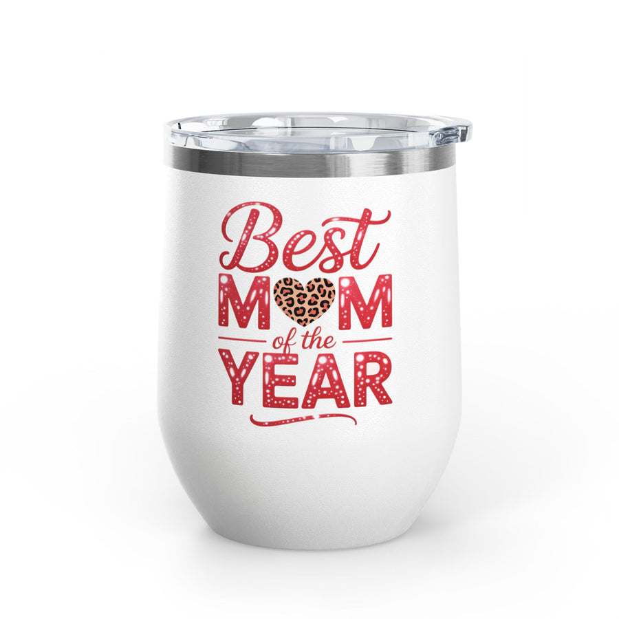 A white stainless steel stemless wine tumbler with a clear push-on lid, printed with "Best MOM of the YEAR" in red sparkle lettering with a leopard-print heart.