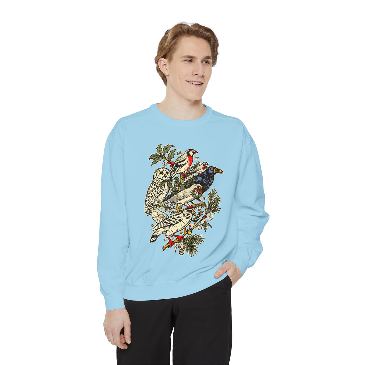 Winter Birds Graphic Sweatshirt, Vintage Woodland Pullover for Bird Lovers, Festive Nature Top, Cozy Christmas Gift for Birdwatchers