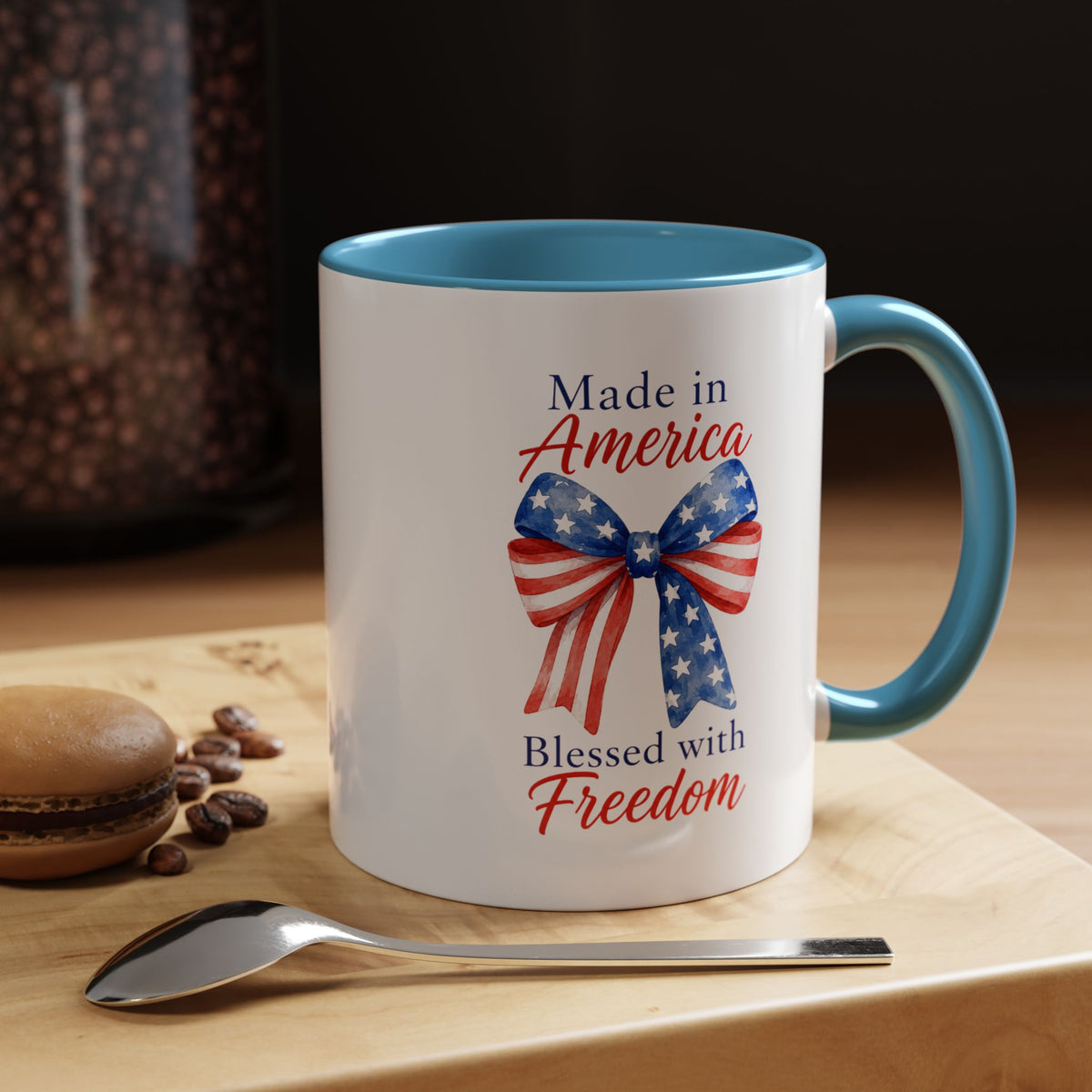 Made in America Blessed with Freedom Mug, Patriotic American Flag Bow Coffee Mug, USA Pride Gift for Women, Fourth of July Cup