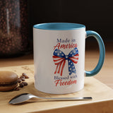 Made in America Blessed with Freedom Mug, Patriotic American Flag Bow Coffee Mug, USA Pride Gift for Women, Fourth of July Cup