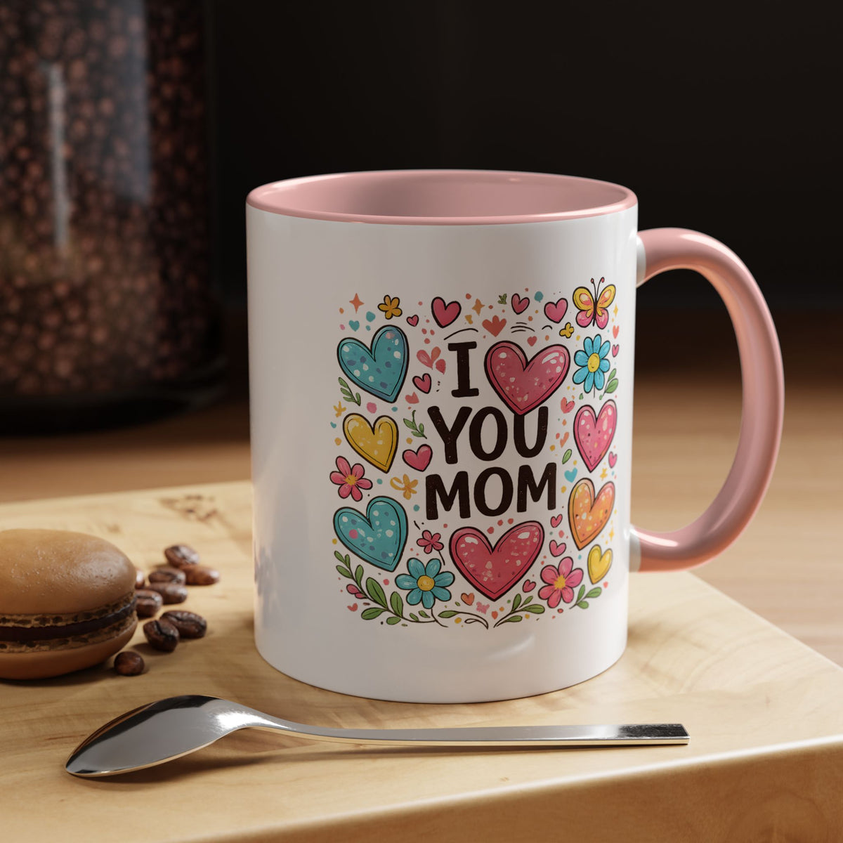 I Love You Mom Coffee Mug, Cute Birthday Gift for Mother, Colorful Hearts and Flowers Ceramic Tea Cup with Blue Handle, Mother's Day Mug