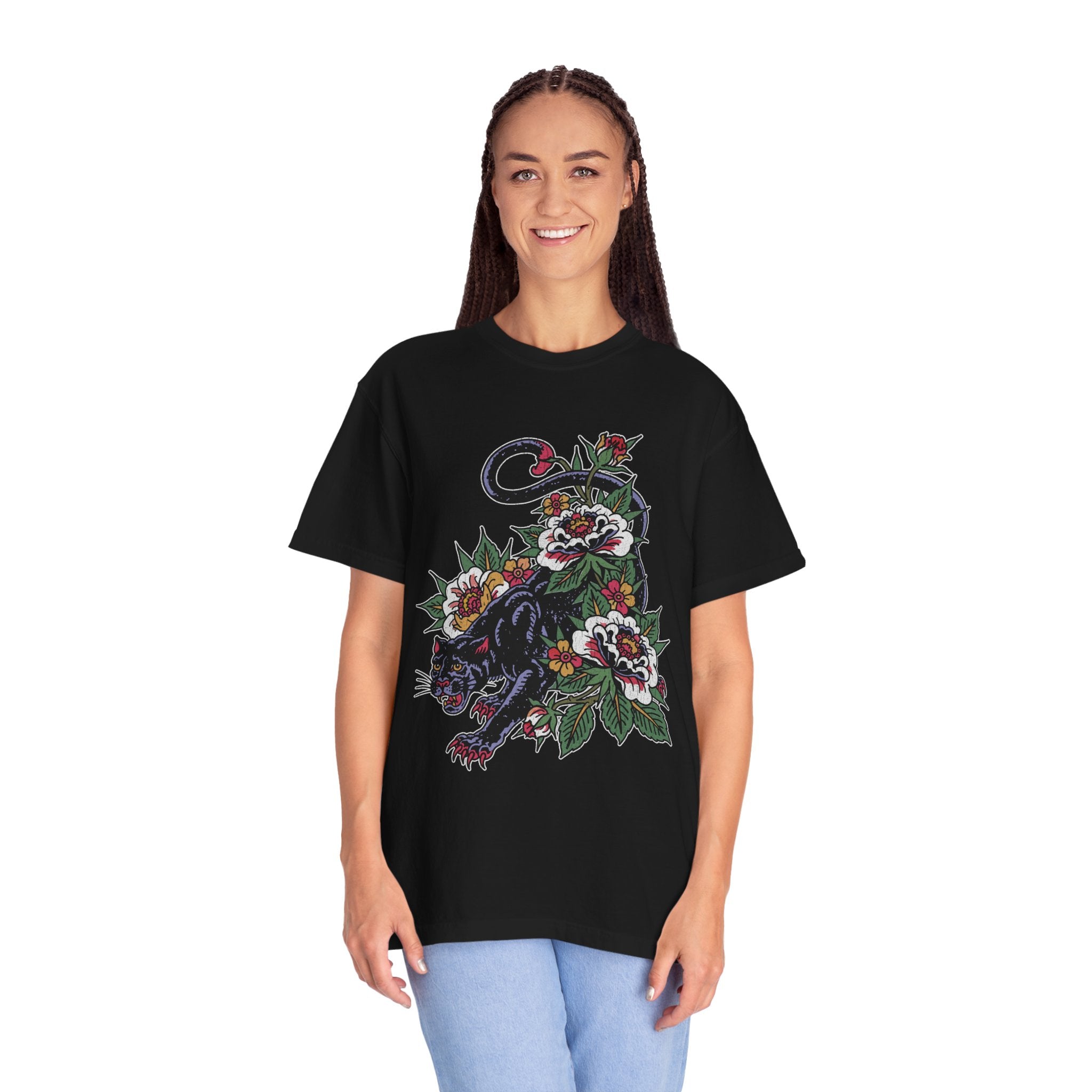 Traditional Panther Graphic Shirt, Floral Tattoo T-Shirt for Men and Women, Old School Big Cat Tee, Alternative Art Gift for Tattoo Fans