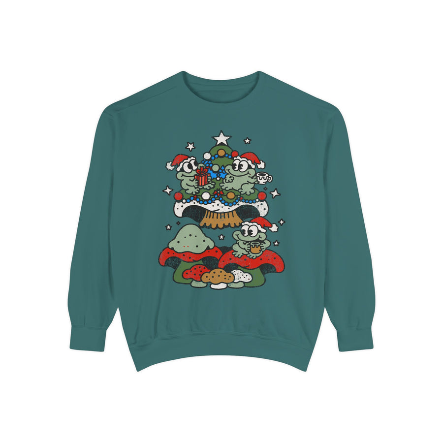 Christmas Frog Sweatshirt, Cute Holiday Crewneck with Frogs Mushrooms and Tree, Whimsical Cottagecore Pullover, Gift for Frog Lover