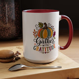 Gather With Gratitude Mug, Colorful Pumpkin Thanksgiving Coffee Cup, Cozy Fall Hostess Gift, Autumn Kitchen and Harvest Decor