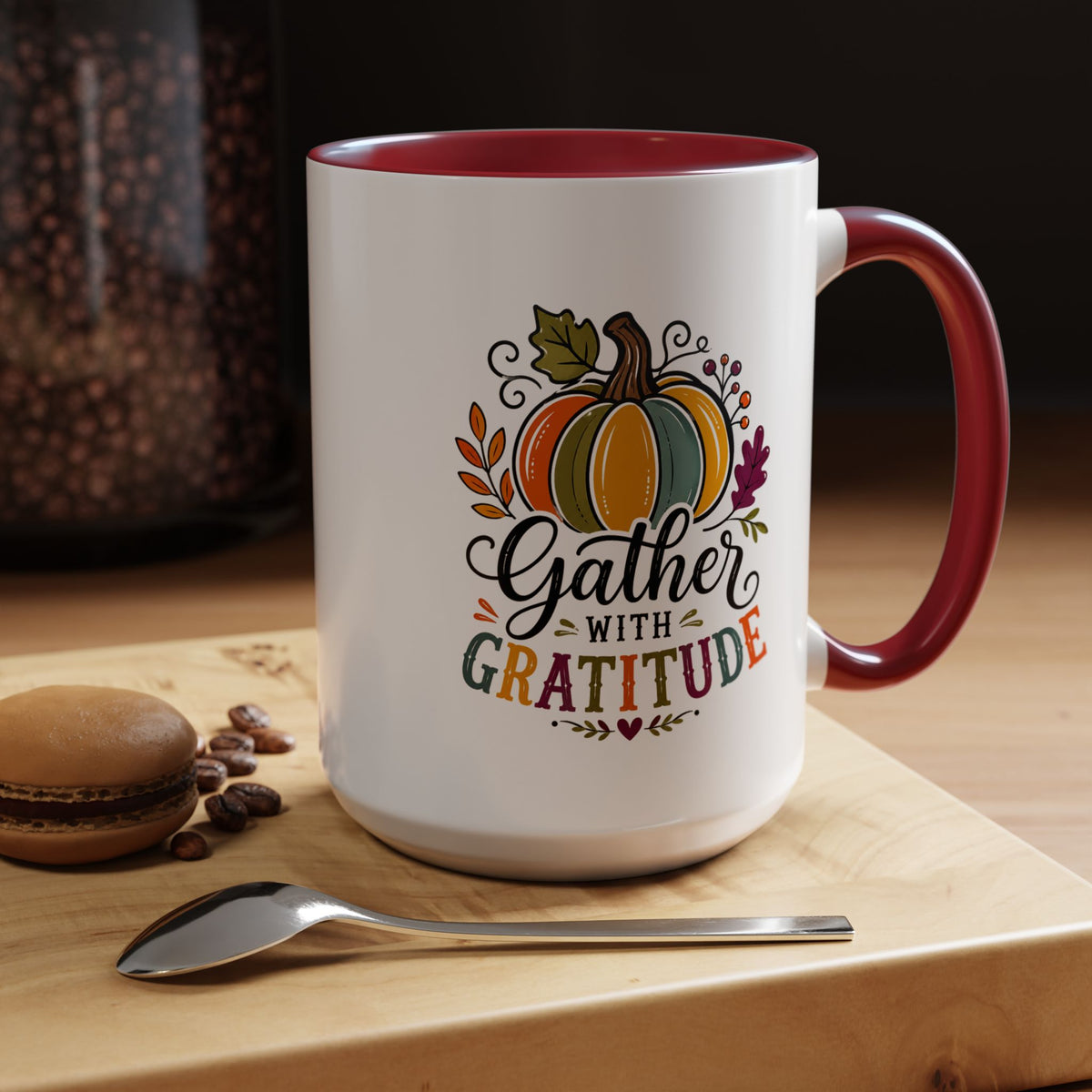 Gather With Gratitude Mug, Colorful Pumpkin Thanksgiving Coffee Cup, Cozy Fall Hostess Gift, Autumn Kitchen and Harvest Decor