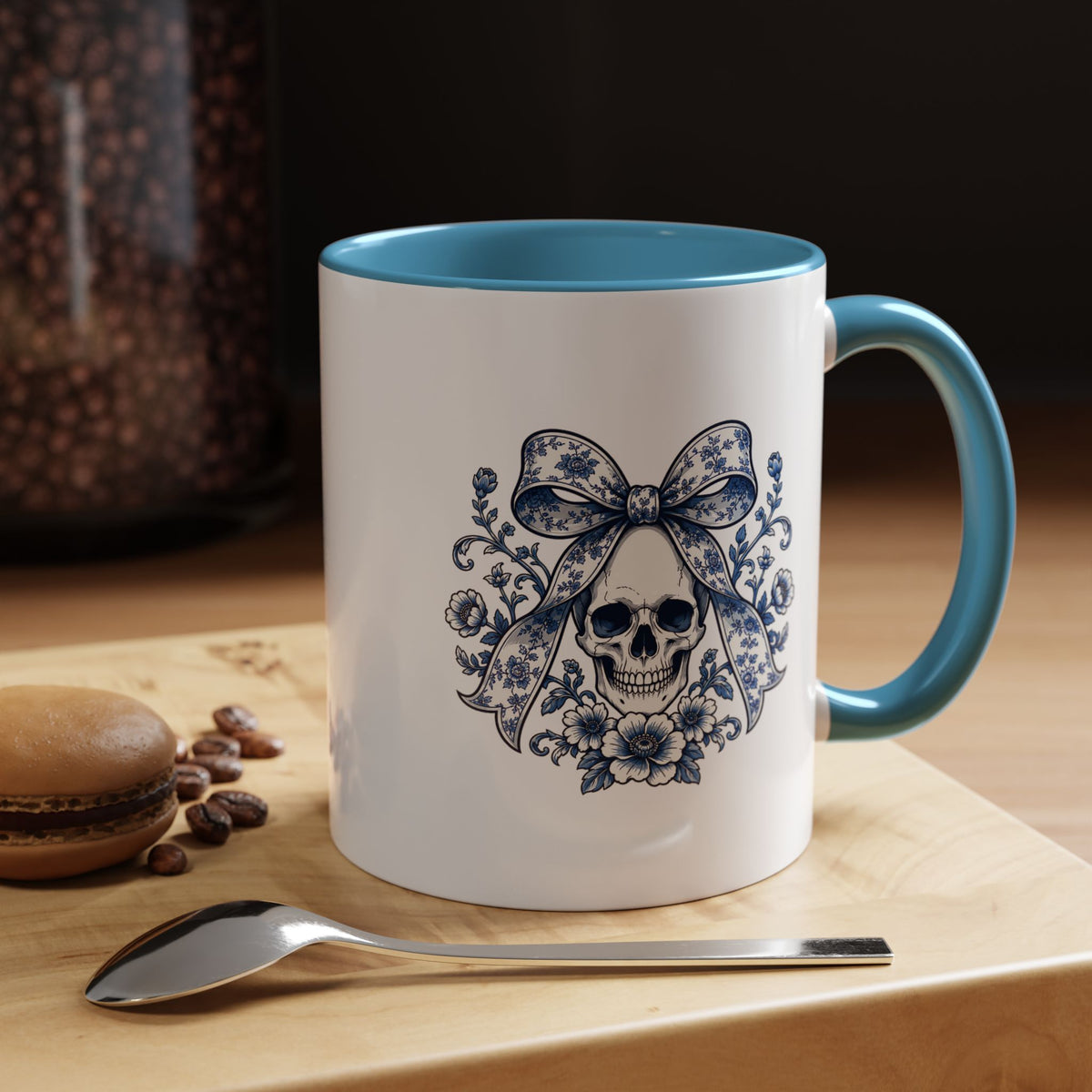 Blue Floral Skull Mug, Gothic Coquette Bow Coffee Cup, Alternative Halloween Gift for Her, Dark Academia Kitchen Decor, Spooky Present