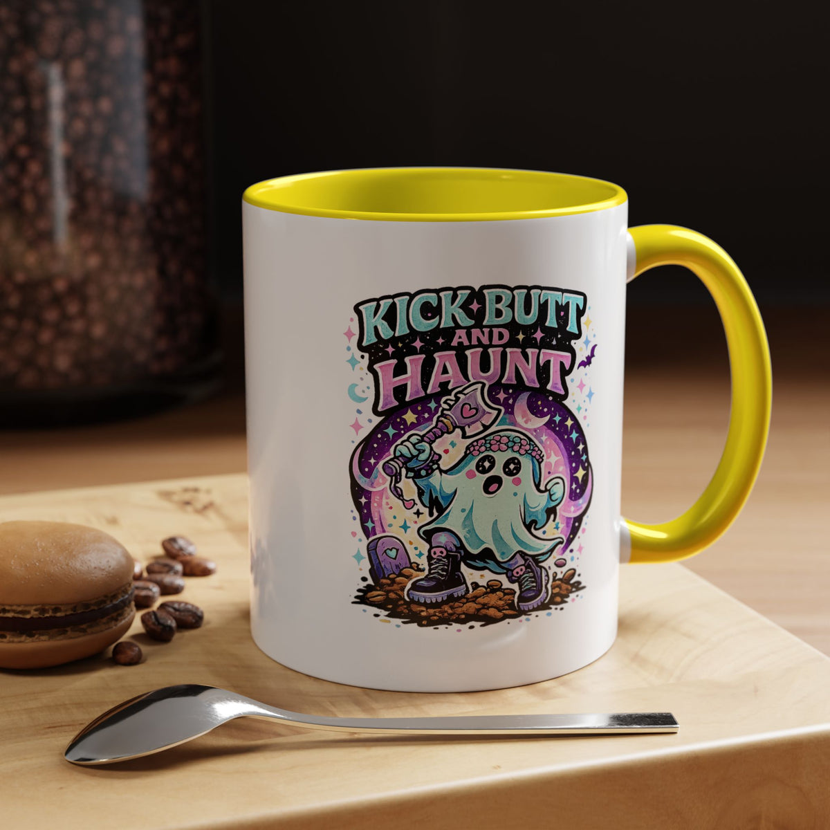Kick Butt and Haunt Mug, Cute Pastel Ghost Black Accent Coffee Cup, Unique Funny Halloween Gift for Her, Spooky Bestie or Pastel Goth