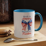 Made in America Blessed with Freedom Mug, Patriotic American Flag Bow Coffee Mug, USA Pride Gift for Women, Fourth of July Cup