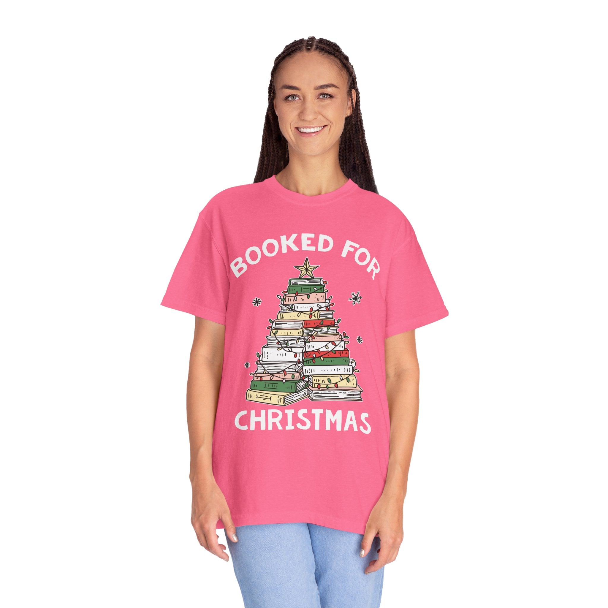 Booked for Christmas Shirt, Book Lover Holiday T-Shirt, Christmas Tree Books Tee, Cozy Reading Gift for Librarian, Teacher or Bookworm