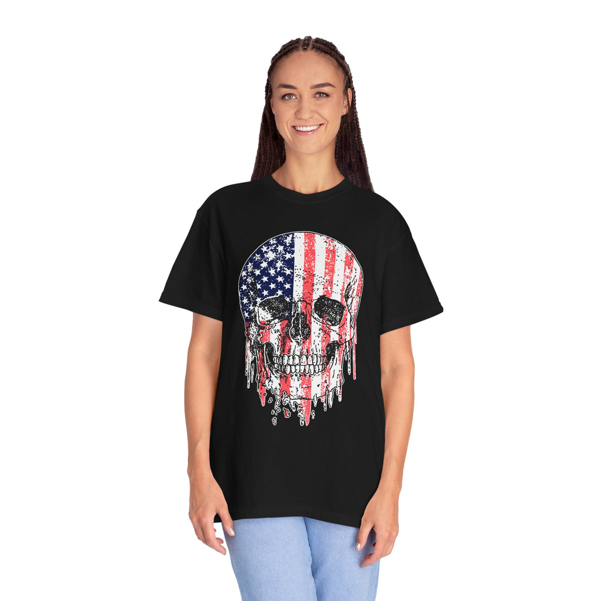 American Flag Skull Shirt, Distressed Patriotic Graphic for Biker Outfits, Fourth of July Style, Birthday Gift for Skull Art Lovers