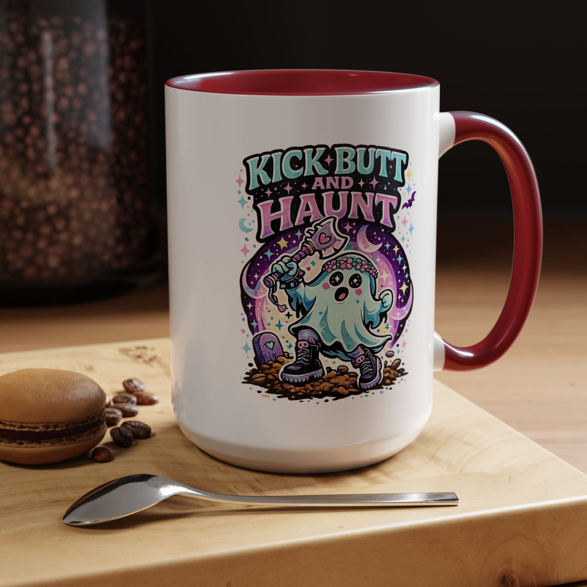 Kick Butt and Haunt Mug, Cute Pastel Ghost Black Accent Coffee Cup, Unique Funny Halloween Gift for Her, Spooky Bestie or Pastel Goth