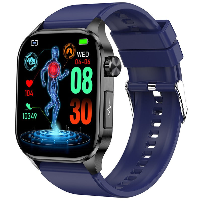 Black smartwatch with a full body health scan display and a brown leather look strap