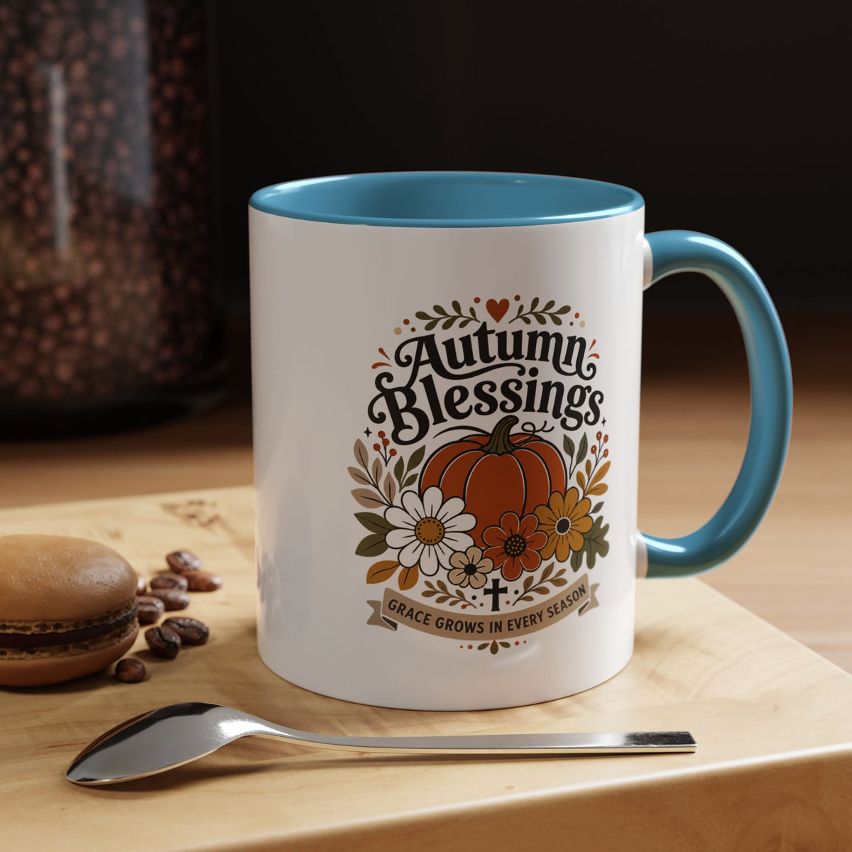 Autumn Blessings Christian Mug, Grace Grows in Every Season Coffee Cup, Faith Based Fall Gift, Floral Pumpkin Thanksgiving Decor