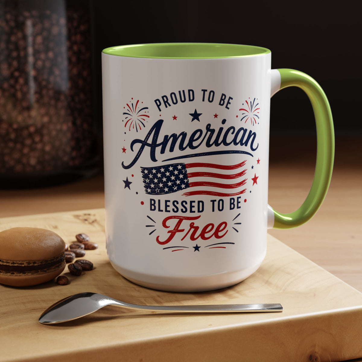 Proud to Be American Coffee Mug with US Flag, Patriotic 4th of July Gift for Veterans, Blessed to Be Free Red White and Blue Tea Cup