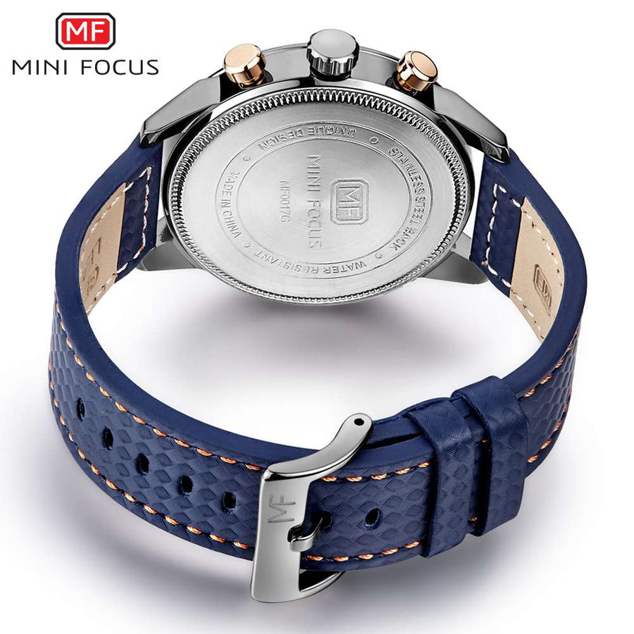 Mini Focus chronograph watch, blue dial with silver accents, blue leather strap
