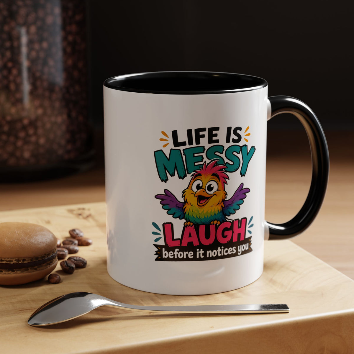 Funny Life Is Messy Mug, Colorful Bird Coffee Cup, Humorous Gift for Friend, Coworker Birthday Present, Cheerful Office Desk Drinkware