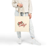 Personalized Name Tote Bag, Natural Cotton Canvas 15x16, Pink Bow Floral Script, Custom Daisy Heart Shopper