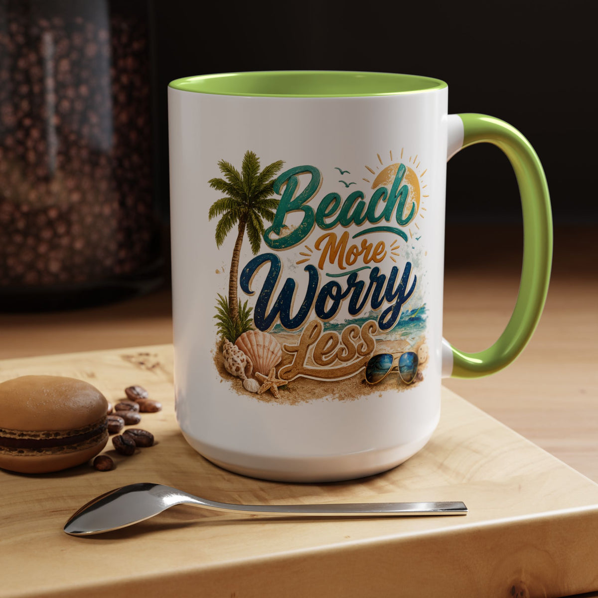 Beach More Worry Less Coffee Mug, Summer Vacation Gift for Ocean Lovers, Cute Tropical Palm Tree Ceramic Tea Cup with Dark Blue Handle