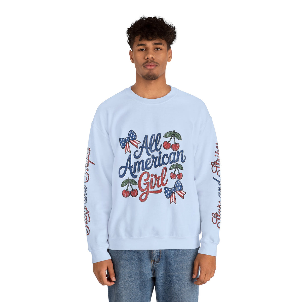 All American Girl Sweatshirt, Patriotic Womens Pullover, USA Flag Cherry Top, Vintage Americana Style, Fourth of July Gift