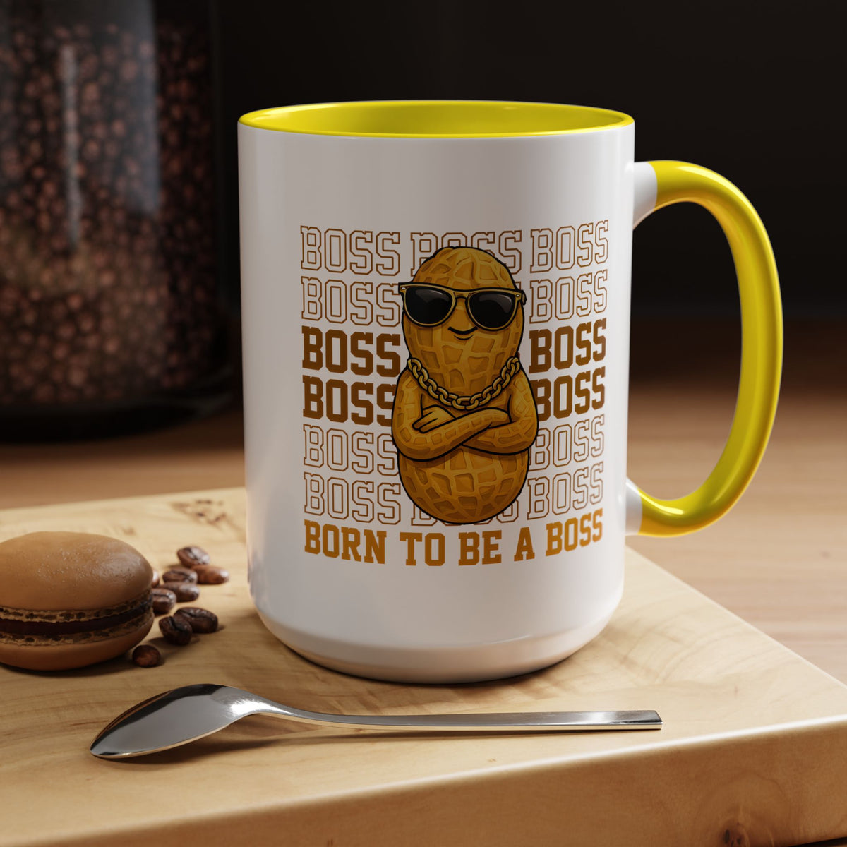 Born To Be A Boss Coffee Mug, Funny Peanut Office Joke Gift for Coworkers, Sarcastic Corporate Manager Ceramic Tea Cup with Orange Handle