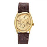 Gold-tone tonneau-shaped watch with a cream dial, small seconds subdial and a brown leather strap