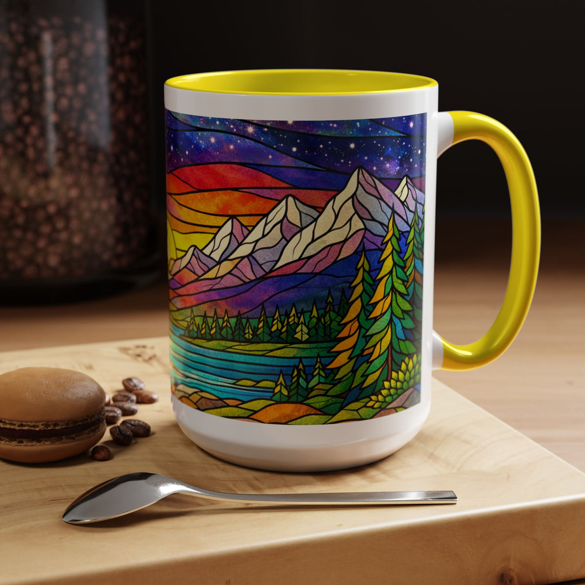 Colorful Sunset Landscape Mug, Stained Glass Nature Coffee Mug, Mountain Lake Art Mug, Outdoor Lover Gift, Scenic Ceramic Cup